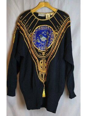 Bonnie Boerer 1987 Vtg Black Knit Sweater Gold Chinese Bird Applique Tassel L
